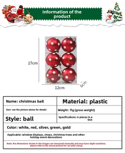 Close-up of 6cm hand-painted red plastic Christmas balls with white polka dots in a clear box