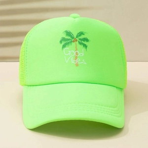 Neon green trucker hat with Good Vibes palm tree print for summer outdoor sun protection