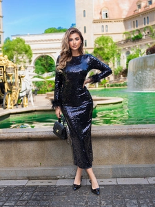Close-up of black sequined dress sleeves featuring luxury ostrich feather trim details