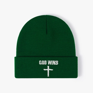 Unisex dark green knitted beanie with white God Wins embroidery and cross pattern