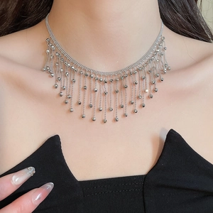 Detail of silver tassel necklace featuring multi-layered bead chains with a waterfall effect