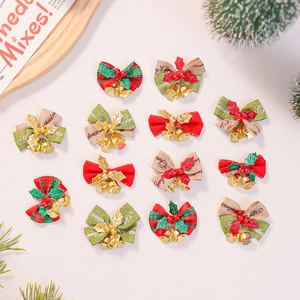 Christmas Mini Bows With Double Bells Metal Holly Leaves Berries Linen Fabric Festive Tree Hanging Decor Gift Wrapping Ornaments
