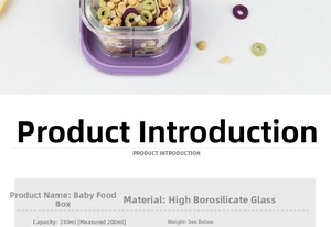 Detail of 200ml borosilicate glass baby food jar with scale and purple silicone base