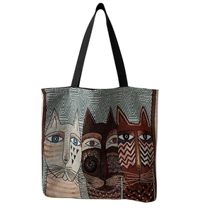 Artistic cat print canvas tote bag with woven texture and black handles on white background