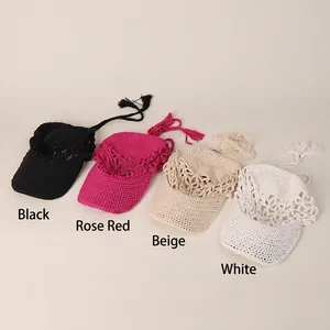 Handmade crochet hollow baseball hats in black, rose, beige, and white colors