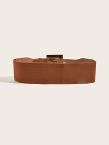 Brown elastic wide waist belt with three gold pin buckles and woven texture for women