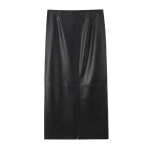 Detail view showing smooth black leather texture and long H-line cut of the skirt