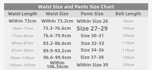 Size chart showing waist circumference, pants size, and belt length in centimeters