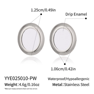 Detailed size and material specs for silver and white enamel stainless steel earrings