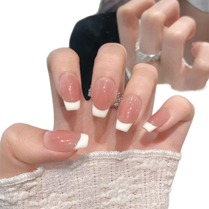 Classic French pink ombre press-on nails with white tips and fine glitter finish