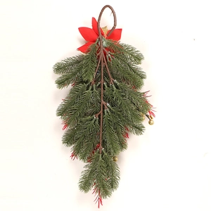 PE Christmas upside-down tree door hanging with red flowers and gold ball ornaments