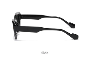 Side view of black rectangle sunglasses with wide temples and polished finish