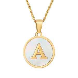 Round Alphabet Pendant Necklace 304 Stainless Steel 18K Gold Plated Natural Shell Mother Of Artificial Pearl Initial Jewelry For Women