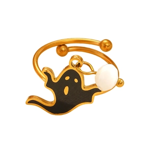 Anillo dorado ajustable con dije de fantasma negro y cuenta blanca facetada de Halloween