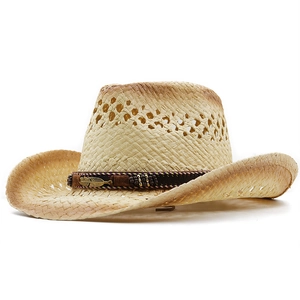 Close-up of woven straw cowboy hat featuring hollow ventilation and beaded feather charm