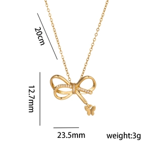 Golden bowknot necklace with zircon pendant and chain length details in a minimalist style
