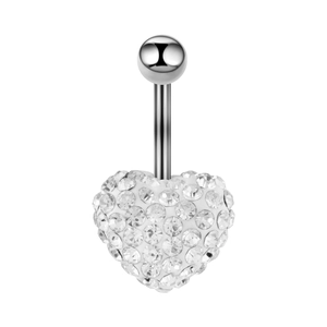 Close-up of heart-shaped belly button ring with butterfly cubic zirconia crystals