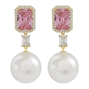 Pink rectangular zircon earrings with large white pearls on a gold plated base
