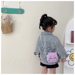 Toddler girl wearing cute purple cartoon cat mini crossbody bag with thin strap