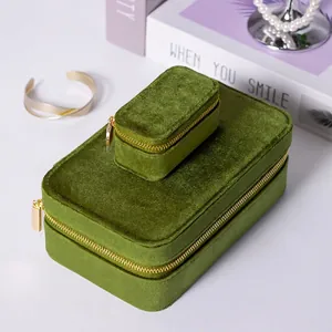 Grass green velvet jewelry travel organizer box set with gold zippers and soft interior