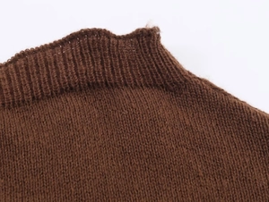 Close-up of the ribbed neckline and fine knit texture of a brown off-shoulder sweater