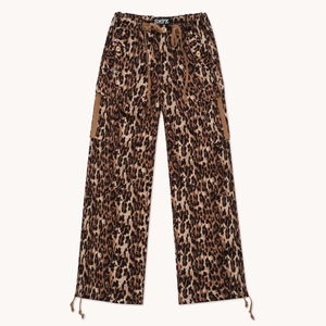 Leopard print cargo pants with wide-leg design and adjustable drawstring cuffs