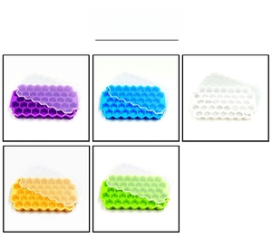Detail showing multi-color 37-grid honeycomb silicone ice cube trays with transparent lids