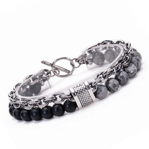 Detail of men's double-layer bracelet with volcanic stones and T-bar toggle clasp
