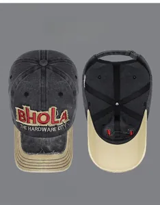 Detail view of washed cotton baseball cap with red BHOLA embroidery and worn effect