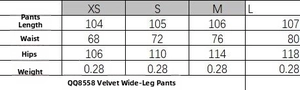Size chart for women's velvet wide leg pants showing length, waist, and hip measurements