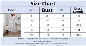 Detailed size chart for elegant floral dress showing bust and length measurements