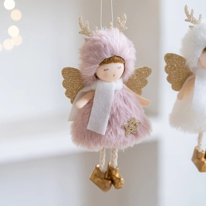 Pink plush angel girl ornament with golden antlers and wings for Christmas decor