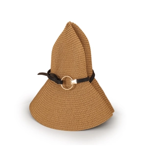 Detail showing high-quality straw weave texture and black leather strap with metal ring