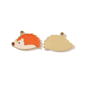 Detailed front and back view of a gold-plated orange enamel hedgehog pendant charm