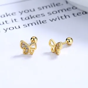 Butterfly Stud Earrings 925 Sterling Silver Sparkling Cubic Zirconia Screw Back Dainty Minimalist Trendy Jewelry For Women