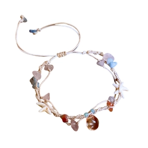 Colorful shell charm bracelet with beige woven rope and starfish design for women