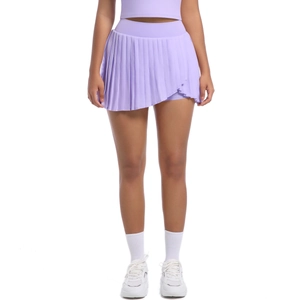Detail of lavender pleated skort featuring an asymmetrical hem and built-in shorts