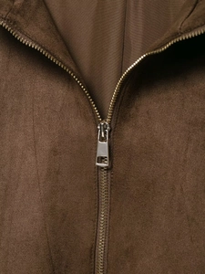 Detailed close-up of high-quality metal zipper on brown suede hooded jacket