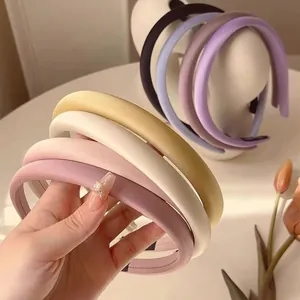 Women Satin Padded Headband Thick Sponge Solid Color Non-Slip Hair Hoop Elegant Handmade Headwear Accessory