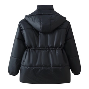 Back view of black hooded padded jacket with adjustable waist drawstring detail