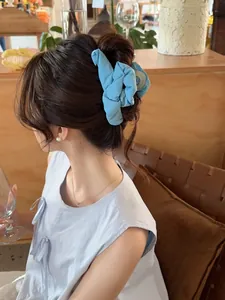 Detail of light blue pleated fabric hair scrunchie styled on a messy bun hairstyle