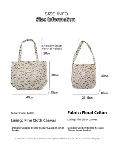 Detailed size information and dimensions of the floral canvas tote bag with cotton fabric