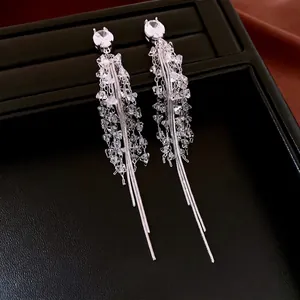 Boucles D'oreilles Longues À Pompons En Zircon Ovale Bijoux À Franges En Verre Avec Tige En Argent Sterling 925 Femmes