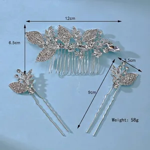 Elegant silver bridal hair comb set with leaf rhinestone design for wedding hair styling