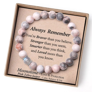 Pink Zebra Jasper and Moonstone bracelet set in a gift box with inspirational card