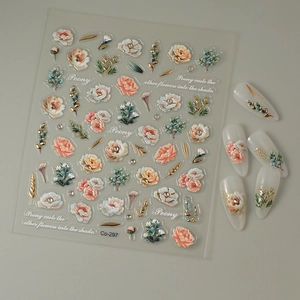Détails d'autocollants 5D en relief de pivoines avec feuilles dorées et cristaux