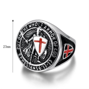 Men's silver steel Templar ring with red cross shield and Armor of God engraving