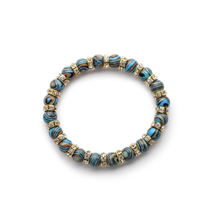Blue and brown striped bead bracelet with sparkling gold crystal rhinestone spacers