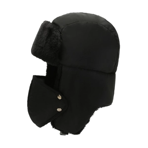 Men's thermal trapper hat in black windproof fabric with thick faux fur lining and face mask