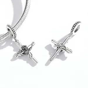Retro S925 sterling silver cross charm with rose and vine pattern for DIY bracelets